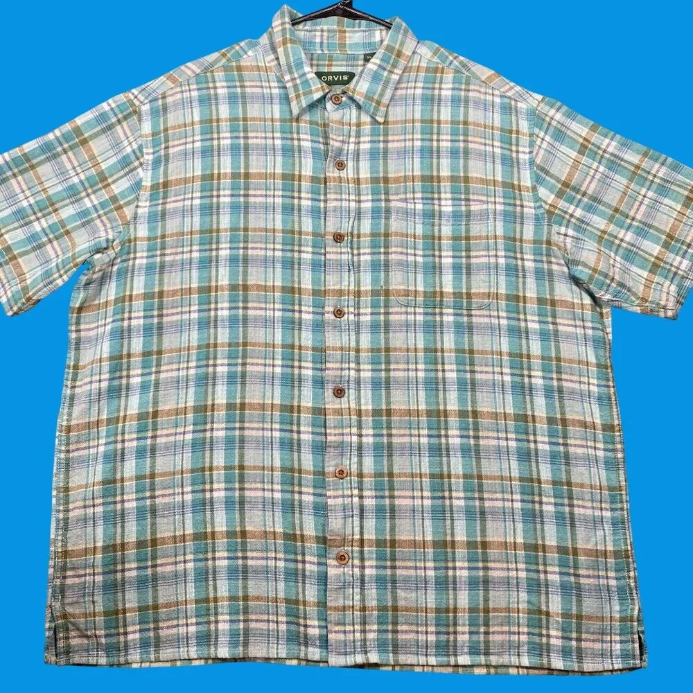 Orvis Mens Size XL Active Fit Plaid Short Sleeve Shirt 100% Cotton Summer Wear